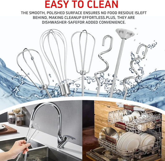 Hand Mixer Attachments Beater 6Pcs, Whisk, Blending Rod and Dough Hooks, Stainless Steel Hand Mixer Accessories for Kitchenaid Hand Mixers KHM3 KHM5 KHM7 KHM9, Dishwasher Safe