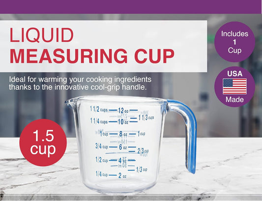 Arrow Home Products 03212 4-1/2 Cup Cool Grip Measure Cup, 36-Ounce Capacity, Plastic with Blue Handle and Graduates