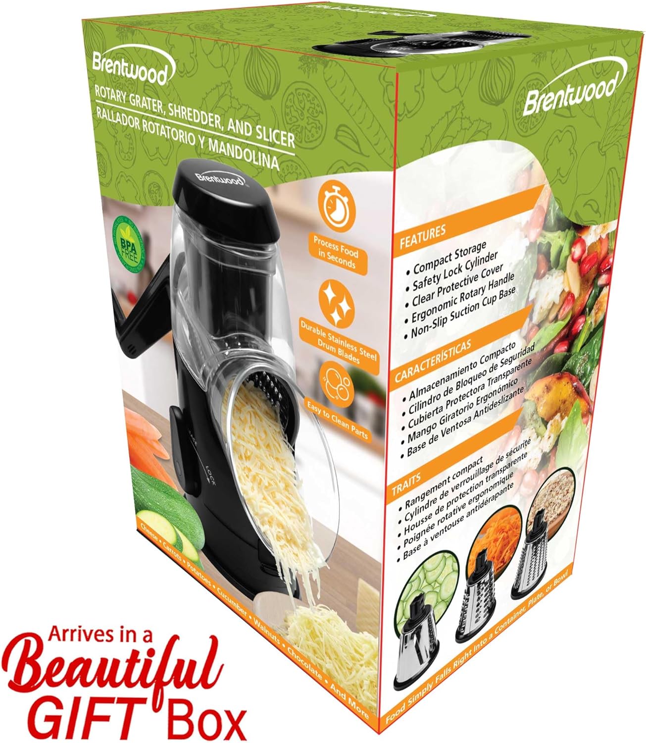 Brentwood KA-5060BK Rotary Cheese, Vegetable, Nut Grater, Shredder, and Slicer, with Handle and Stainless Steel Drum Blades, Black