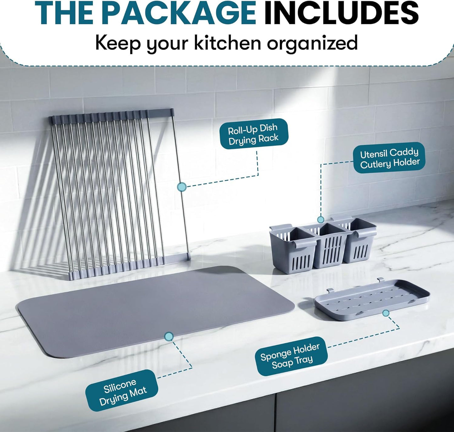 Havenity™ Expandable Roll Up Dish Drying Rack for Small Sinks - Expandable 12.8 to 22.8 Inch Over Sink Rack, Fits Apartments, RVs and Office Kitchens, Stainless Steel, 2 Baskets