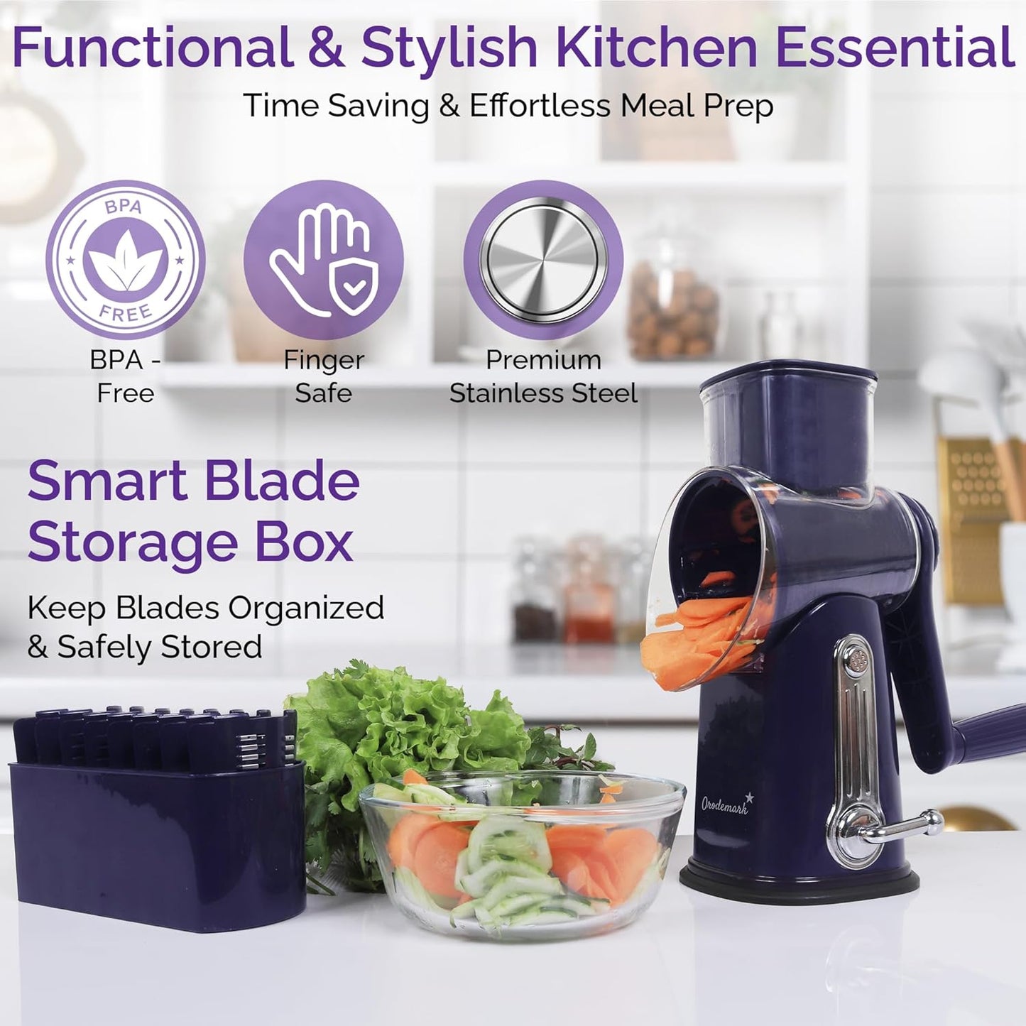 Cheese Grater with Handle, 5 in 1 Rotary Vegetable Shredder with 5 Replaceable Blades & Strong Suction Base, Rotary Grater for Cheese, Veggies & Nuts, Includes Storage Box