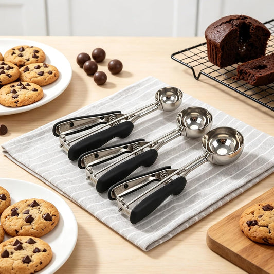 Cookie Scoop Set of 3,Color-Coded Cookie Scoops for Baking with Engraved Sizes,18/8 Stainless Steel Ice Cream Scoop with Non-Slip Soft Rubber Handles,Dough Scoopers for Cupcakes,Meatballs,Muffins