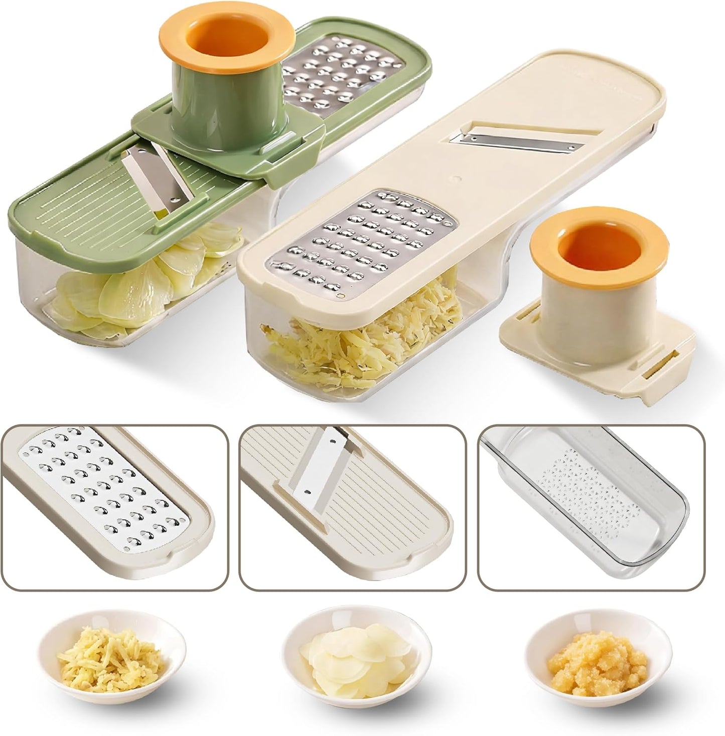 3 in 1 mini Ginger Garlic Grinder Super Thin, Multifunctional Mandoline slicer Grater with Hand Guard, Easy Grip Handheld Kitchen Tool, for Camping Cooking and Picnic (green)