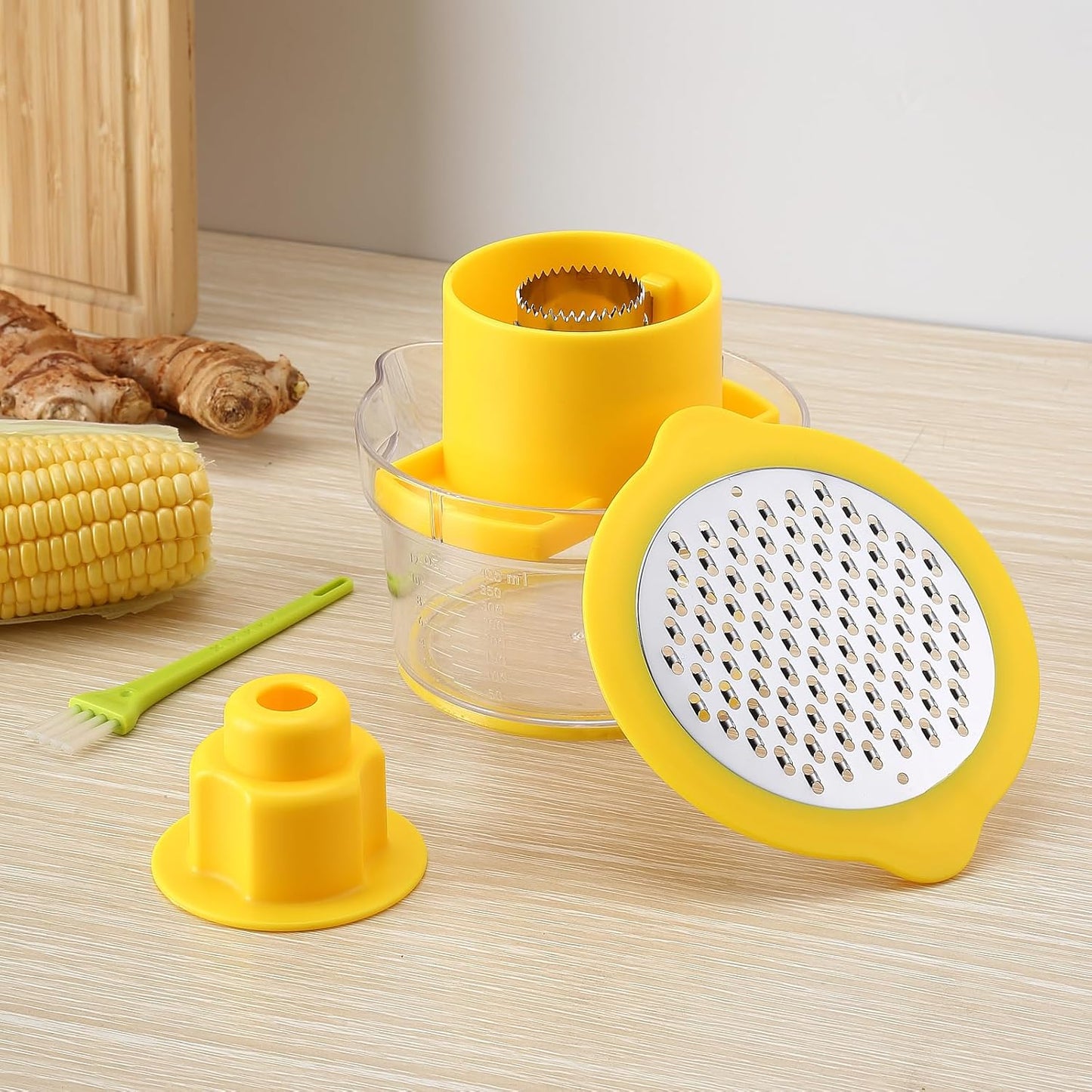 Corn Stripper and Grater, 3 in 1 Corn Peeler from Corn on the Cob, with Measuring Container, Safety Handle & Cleaning Brush,Yellow