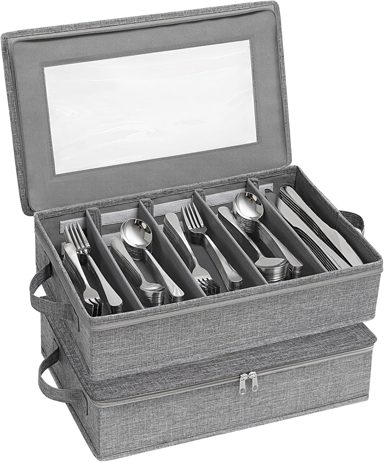 Lifewit Silverware Storage Box, Covered Flatware Organizer with Zipper Lid, 5 Compartment Cutlery Case with Adjustable Divider and Handle, Utensil Container for Spoon Fork Knives, 1 Pack