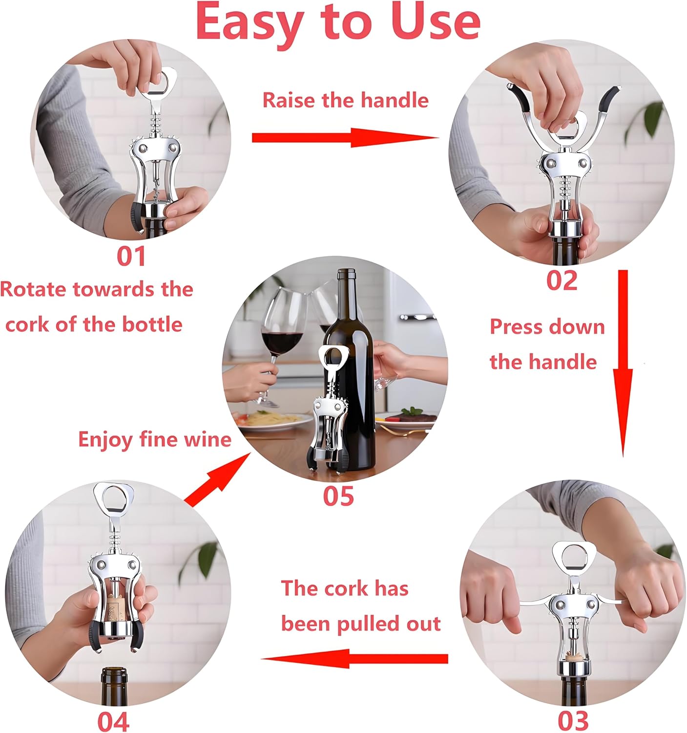 Wine Opener - Multifunctional Wing Corkscrew with Sharp Screw & Ergonomic Handle for Wine, Beer Bottles - Ideal for Kitchen, Bar & More