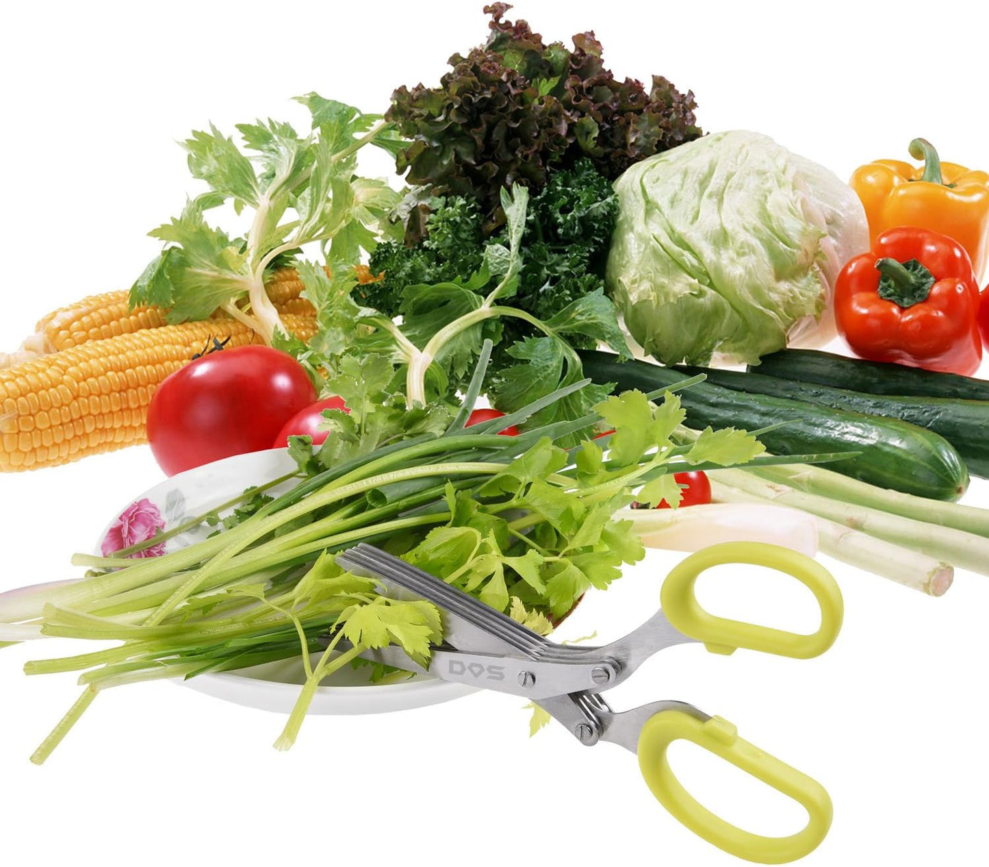Herb Scissors - 5 Sharp Blades - Cuts, Slices and Chops Herbs 5x Faster - Ideal Time-Saving Kitchen Essential - Cleaning Rake Included - Stainless Steel - with Diamond Shield Cleaning Cloth