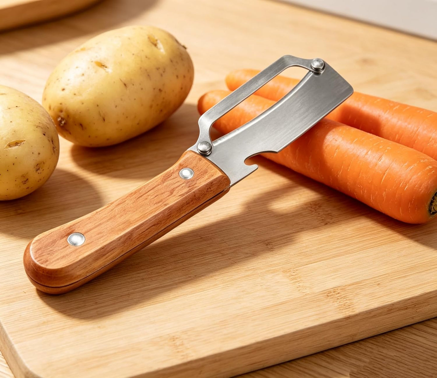 2026 Upgrade 3-in-1 Veg Peeler, Wood Handle Thick Stainless Steel Wide Blade, Scallion Shredder & Bottle Opener, Ultra-Sharp Multi Peeler for Potato Carrot Kitchen Camping Travel (1pcs+1ps)