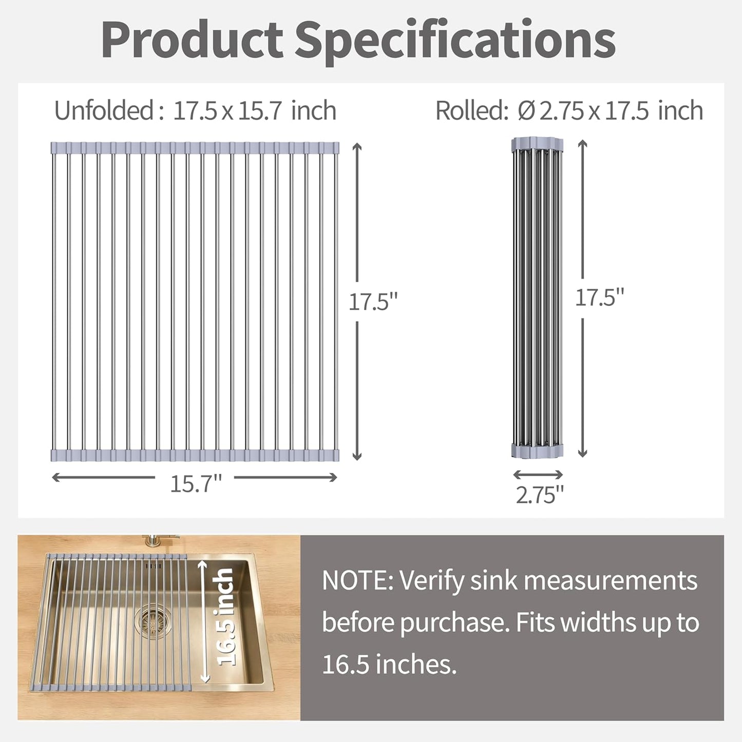 Roll Up Dish Drying Rack for Over Sink - 17.5"x15.7" Foldable Stainless Steel Kitchen Drainer, Black