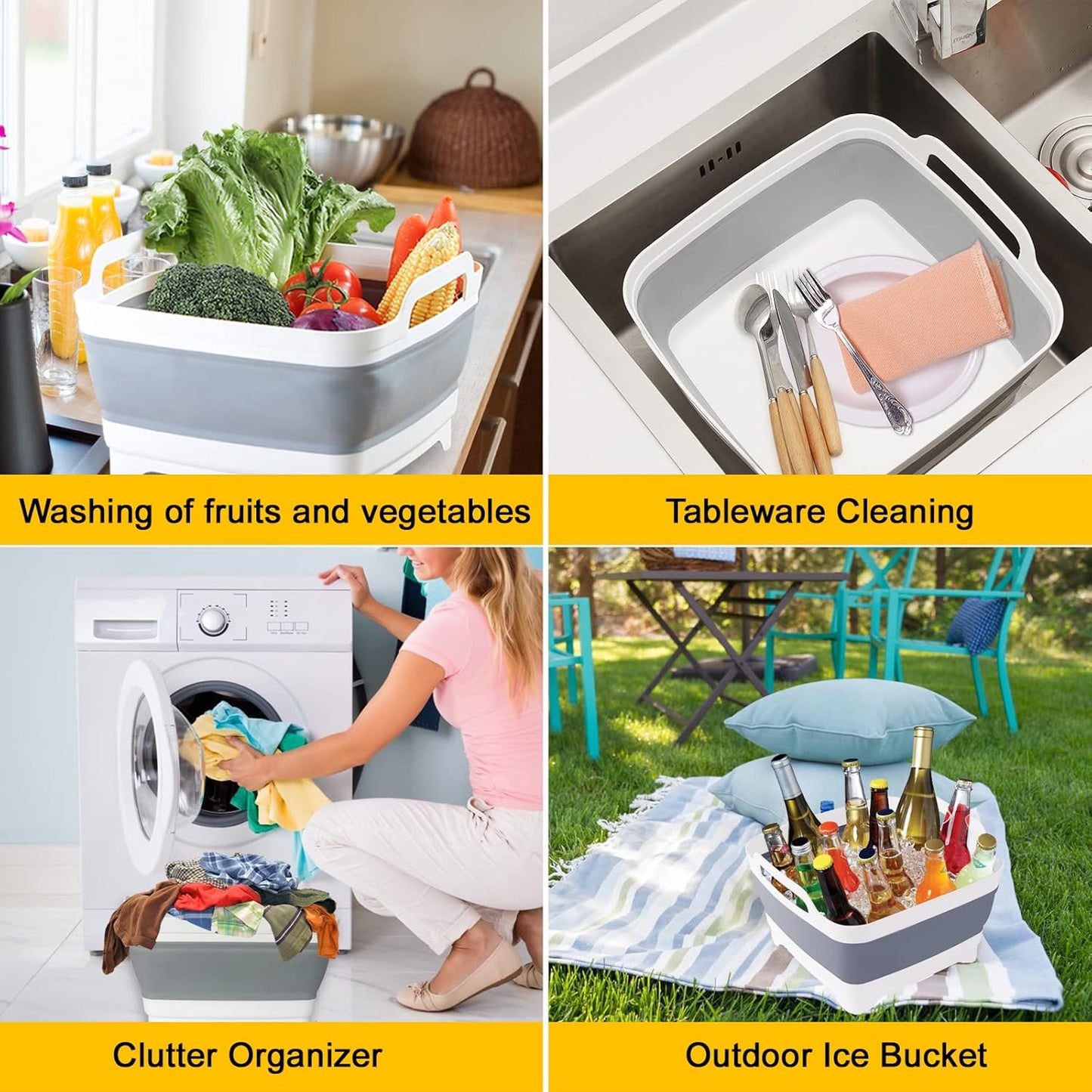 Collapsible Dish Basin & Sink Tub with Drain Plug – 2.4 Gal Baby Bottle Wash Basin, Bottle Washing Bin for RV, Camping, Kitchen | Collapsible Water & Bottle Basin (Grey)