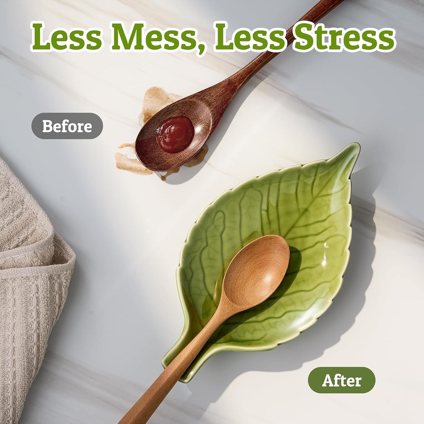 Ceramic Leaf Spoon Rest - Cute Green Cooking Spoon Holder for Stove Top & Kitchen Counter, Heat Resistant Spatula & Utensil Rest, Unique Kitchen Decor Gift, 1 Pack