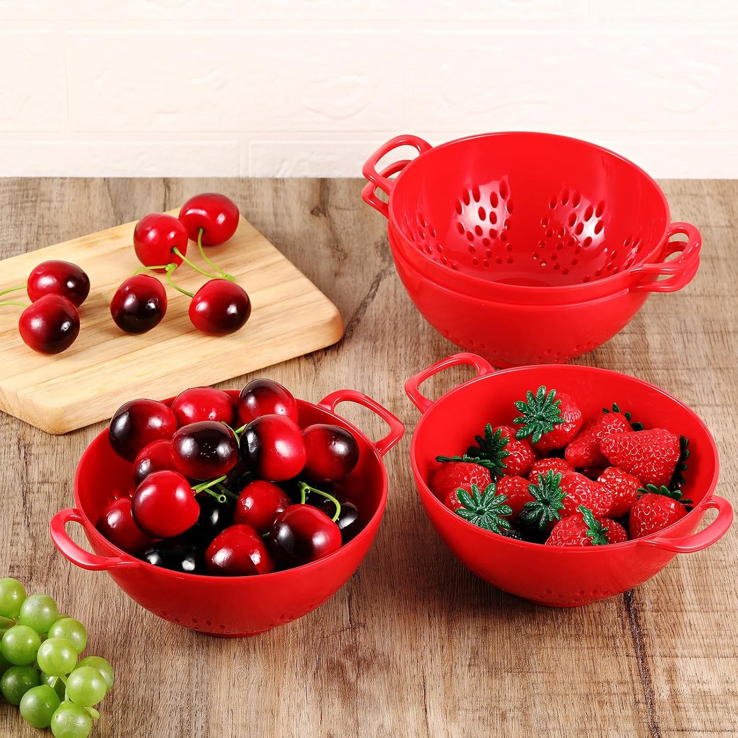 Baderke 4 Pack Mini Colander for Kitchen Plastic Berry Strainer with Double Handles 7.5 x 6 x 3 Inch Small Colander Strainer for Fruits Vegetables Food (Green, Purple, Red, Lemon Yellow)