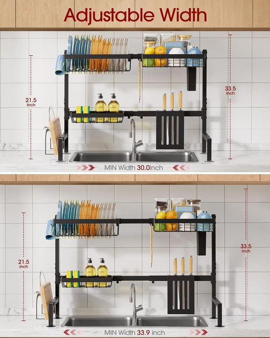 Sakugi Over The Sink Dish Drying Rack, Expandable 2-Tier Stainless Steel Kitchen Storage Organization Accessories for Countertop, Rustproof & Space-Saving, 30"–34.5" L x 12" W x 25" H, Black
