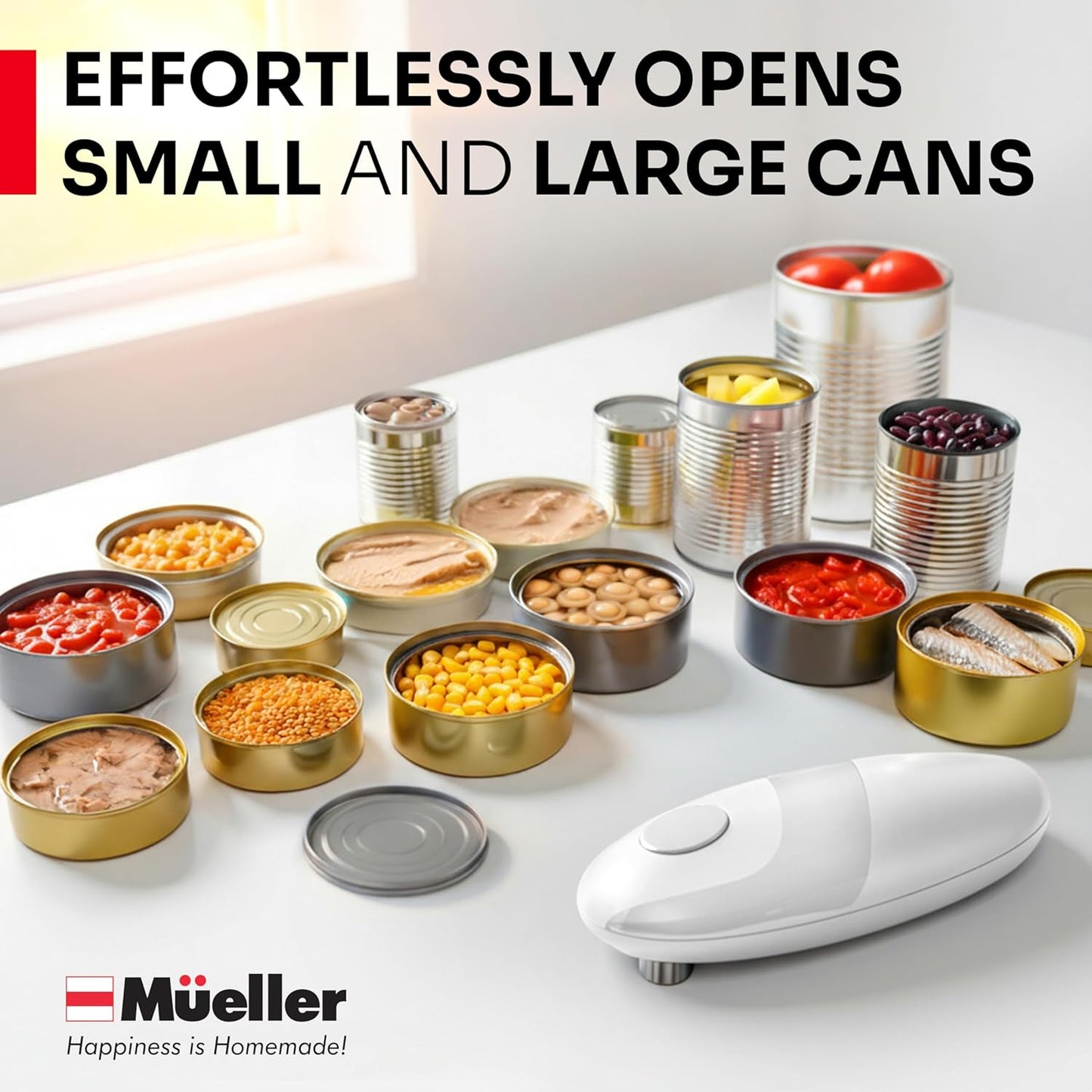 MUELLER HOME SmoothEdge Auto Electric Can Opener – Battery‑Operated One‑Touch w Magnet Lid Lifter – Portable Hands‑Free Automatic Can Openers for Seniors & Arthritis, Smooth‑Edge Cut Technology, Black