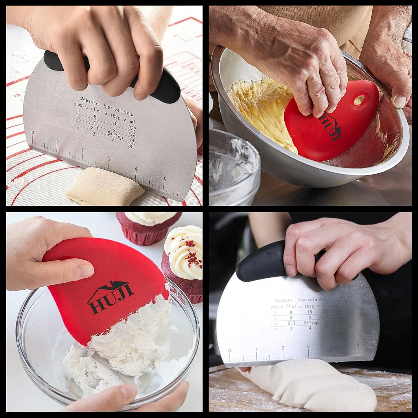 HUJI Stainless Steel Pastry Cutter Chopper Bench Scrapper And Silicone Bowl Scraper With Measurements
