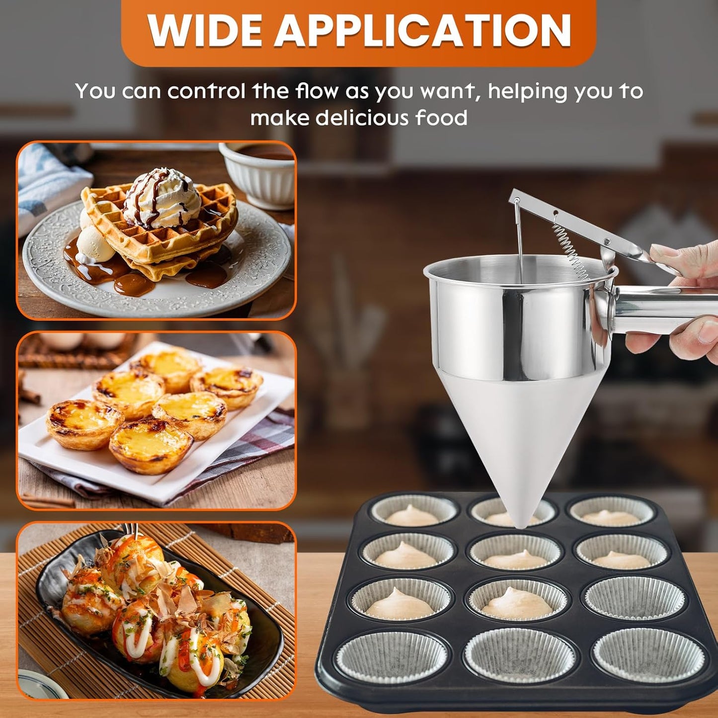 1200ML/40OZ Stainless Steel Pancake Batter Dispenser, Piston Funnel Dispenser with Stand Detachable Handle for Takoyaki Baking Cake Desserts with 4PCS Nozzles