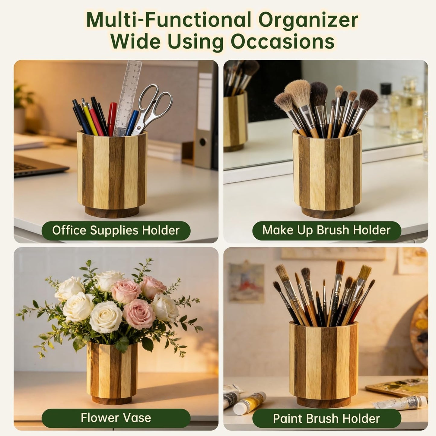 Wooden Utensil Holder, 360° Rotating Acacia Wood Kitchen Utensil Holder for Countertop, 7.2" Non-Slip Large Utensil Holder for Kitchen, Farmhouse Countertop Decor, Spatula Holders, Checkered