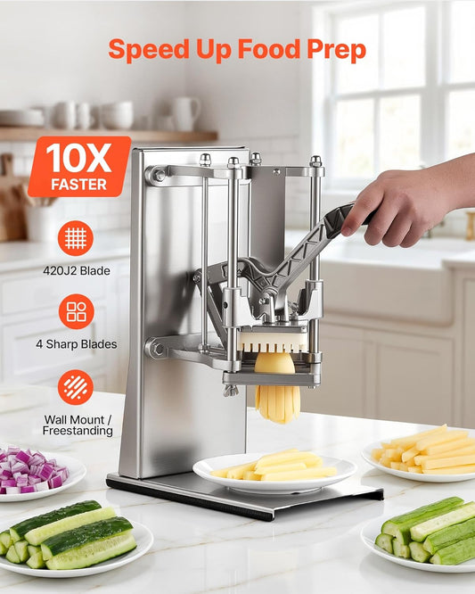 VEVOR French Fry Cutter, Commercial Vegetable Chopper with 4 Blades - 1/4", 3/8", 6-Wedge Slicer & Apple Corer - Wall Mount Stainless Steel Potato Cutter, for Home & Restaurant Use