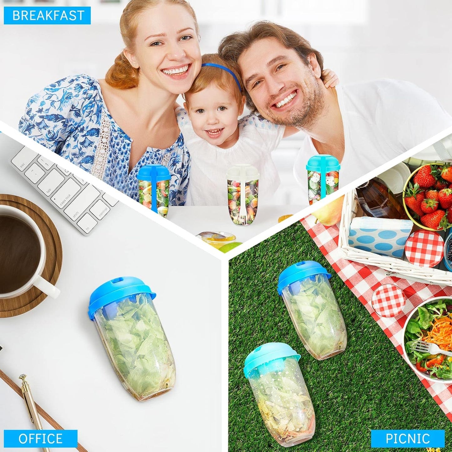 Roshtia 4 Pcs Salad Cup with Lids Fork Sauce Container Salad Shaker Container for Lunch, Keep Fit Food Dressing Cup for Portable Breakfast Meal Vegetable and Fruits
