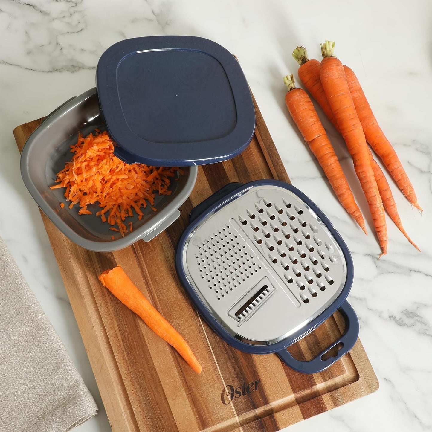 Oster Bluemarine 10-Inch Foldable Strainer – Collapsible Colander for Pasta, Vegetables, Fruits, Space-Saving Kitchen Tool, Blue/Grey Dishwasher Safe