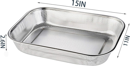 Cedilis 2 Pack Large Stainless Steel Colander Strainer, 6 Quart Mesh Vegetable Washing Basket, Rectangle Drainer Sink Basket for Vegetable Fruit Food (15" x 11" x 2.6")