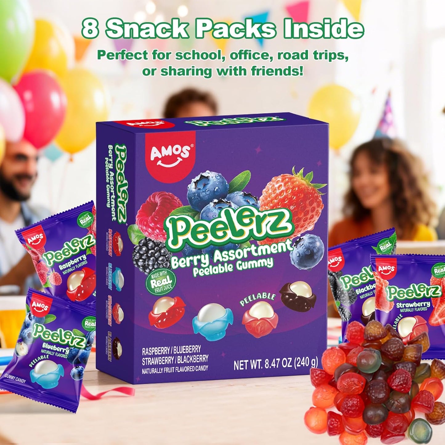 AMOS Peelerz Peelable Gummy Candy Variety Pack, Mango White Peach Banana Green Apple Passion Fruit Lychee, Soft Chewy Fruit Snack, Pack of 6