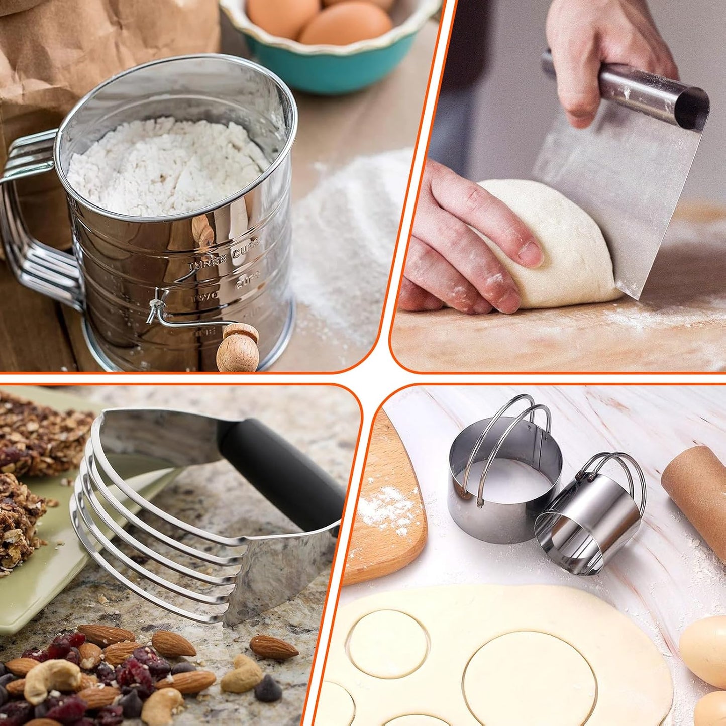 9PCS Stainless Steel Pastry Blender Set, 3 Cup Flour Sifter, Biscuit Cutter, Pastry Cutter, Dough Cutter, Silicone Baking Mats, for Cooking Cookies and Donuts, Cakes, Biscuits or Making Pancakes