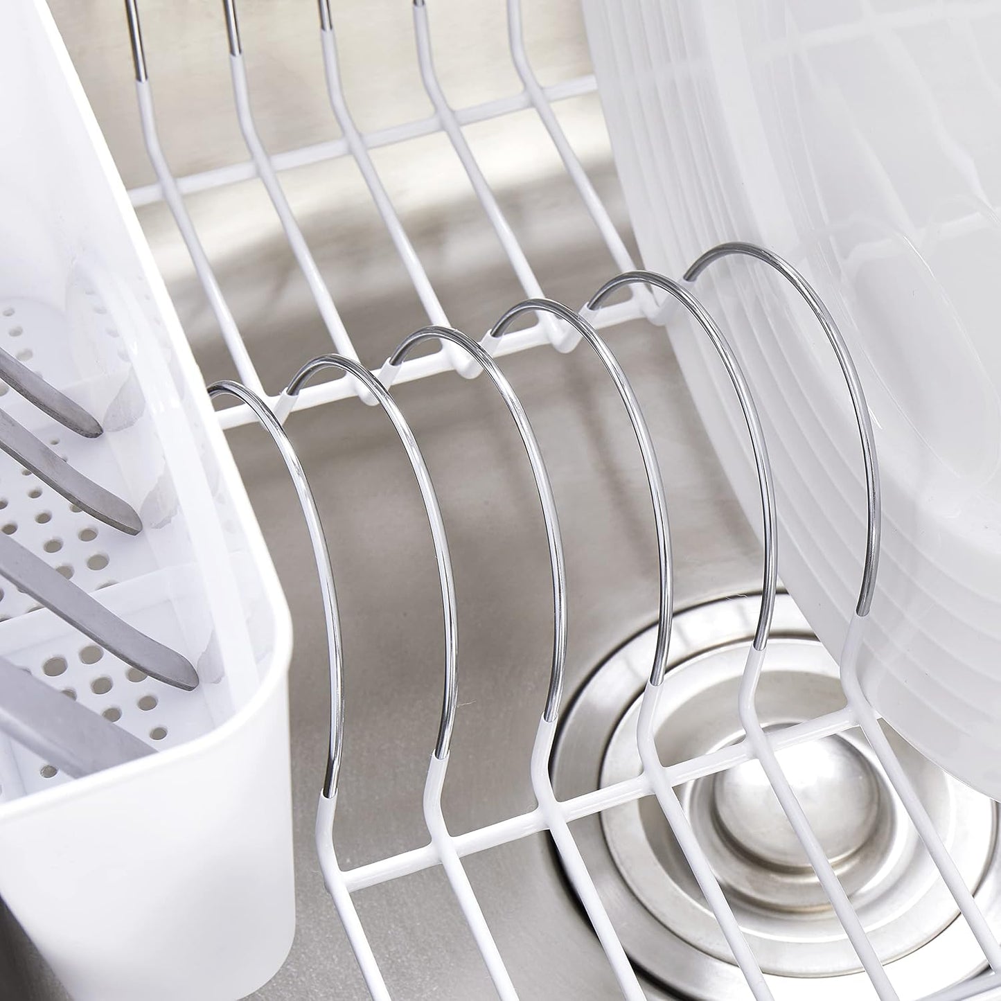 Dish Drying Rack & Cutlery Holder 2 Piece Set - Compact Sink-Fitting Dish Drainer with Rubberized Undercoating, Space-Saving Kitchen Organizer for Plates, Cups, Bowls & Utensils in Sink, Silver