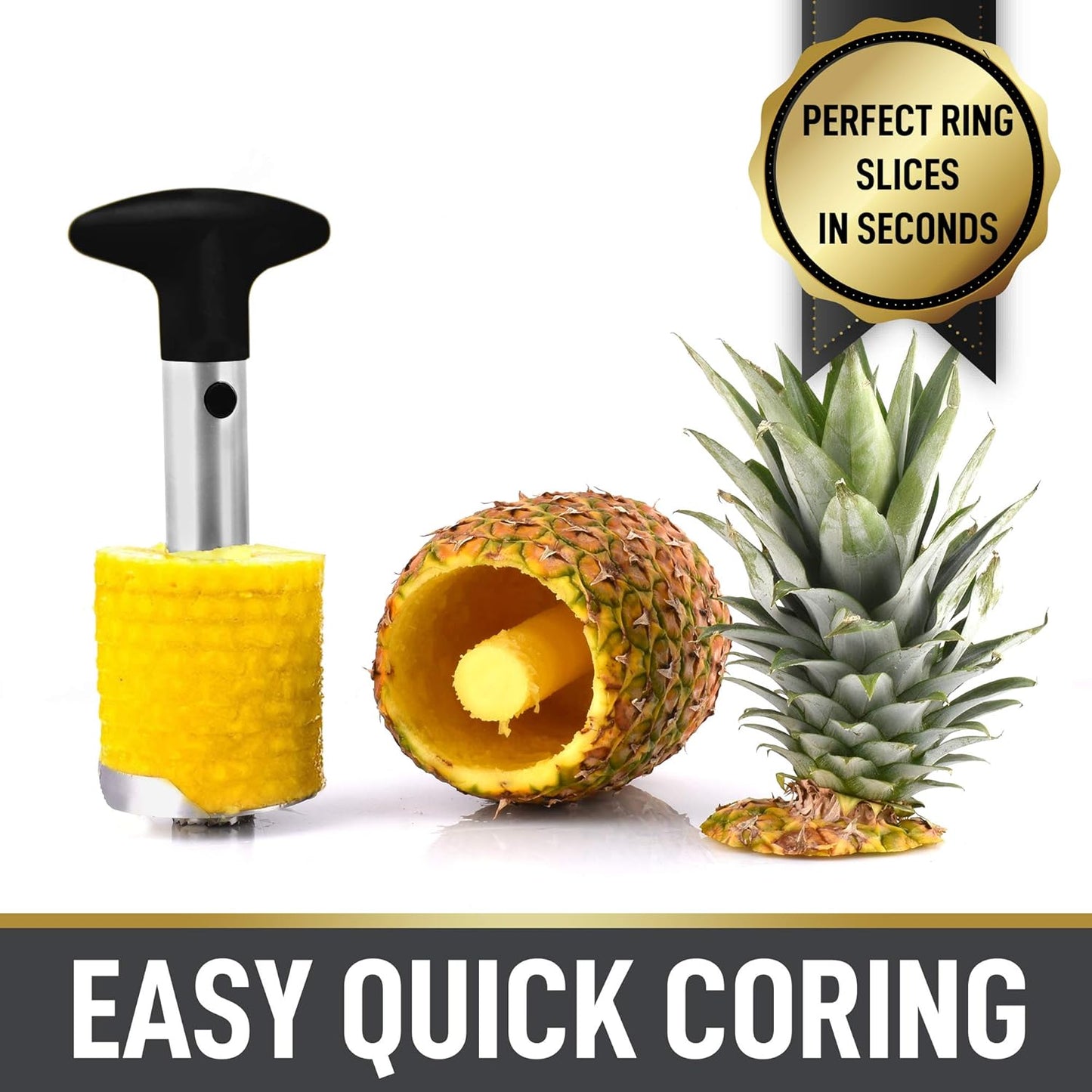 Zulay Kitchen Stainless Steel Pineapple Corer & Slicer – Heavy Duty Pineapple Cutter & Eye Removal Tool – Effortless Core Remover Tool with Sharp Reinforced Blade & Ergonomic Handle - Black