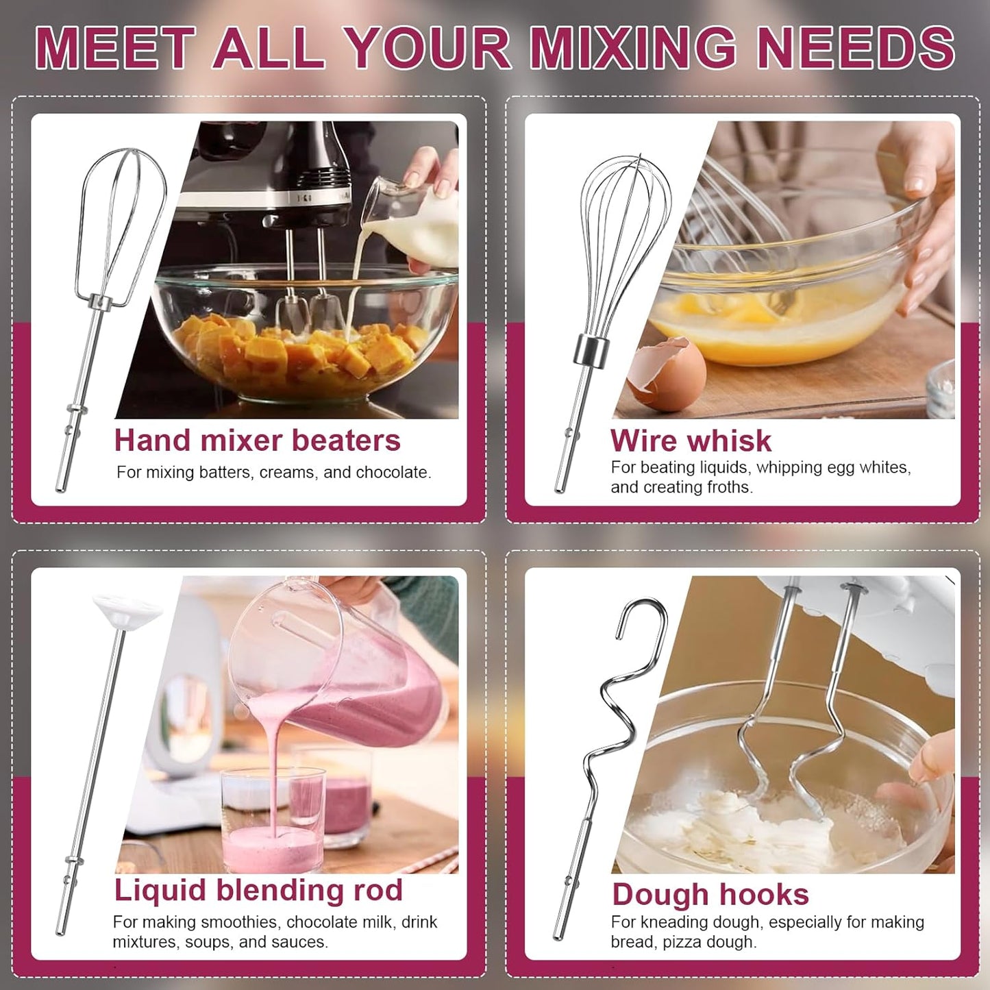 Hand Mixer Beaters Attachments, Whisk, Dough Hooks, and Liquid Blending Rod, Stainless Steel Hand Mixer Accessories Compatible with Kitchenaid Hand Mixers KHM3 KHM5 KHM7 KHM9, KHM926, KHM512, Set of 6