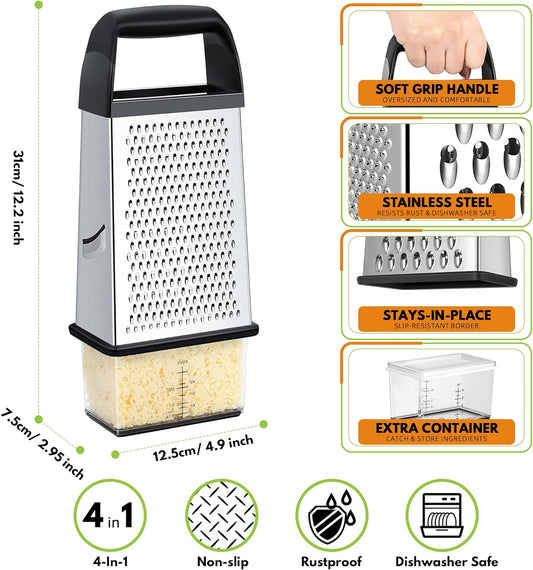 Urbanstrive Cheese Grater With Container, Professional Cheese Grater with Handle, Stainless Steel Graters for Kitchen Handheld, Box Grater with 4 Sides for Vegetables, Ginger, Potatoes (Blue)