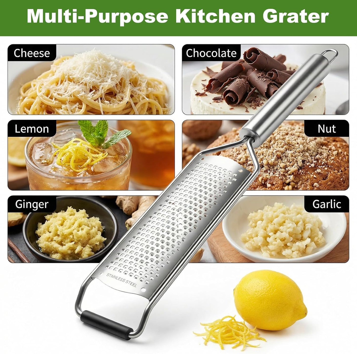JJUNW Fine Cheese Grater, Salad Spinner, Flat Cheese Grater Garlic Graters with Handle, Stainless Steel Graters Kitchen Gadgets Cake Decorating Supplies Protect Cover