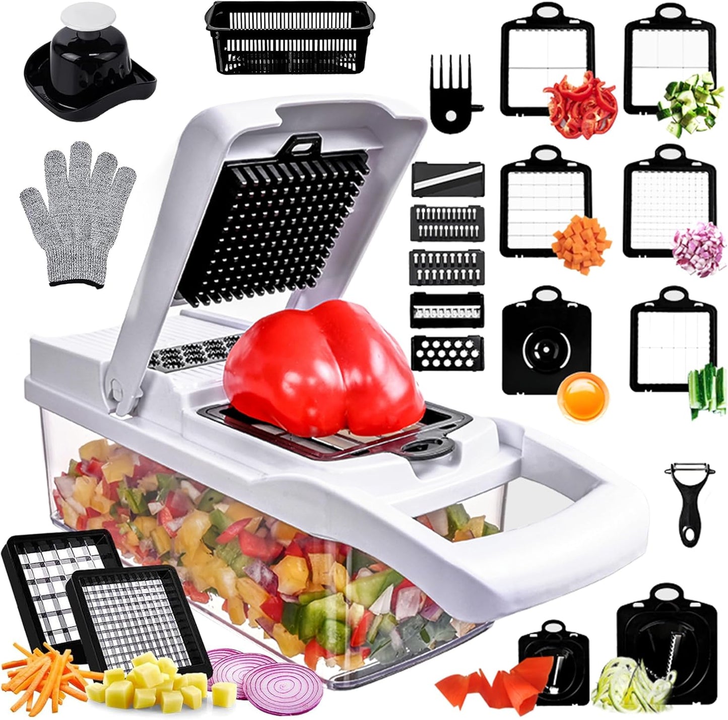 Vegetable Chopper,25 in 1 Multifunctional Food Chopper with Container,Kitchen Vegetable Slicer Dicer Cutter,Veggie Chopper Fruit Salad Potato,13 Blade Stainles Steel Blades(White)