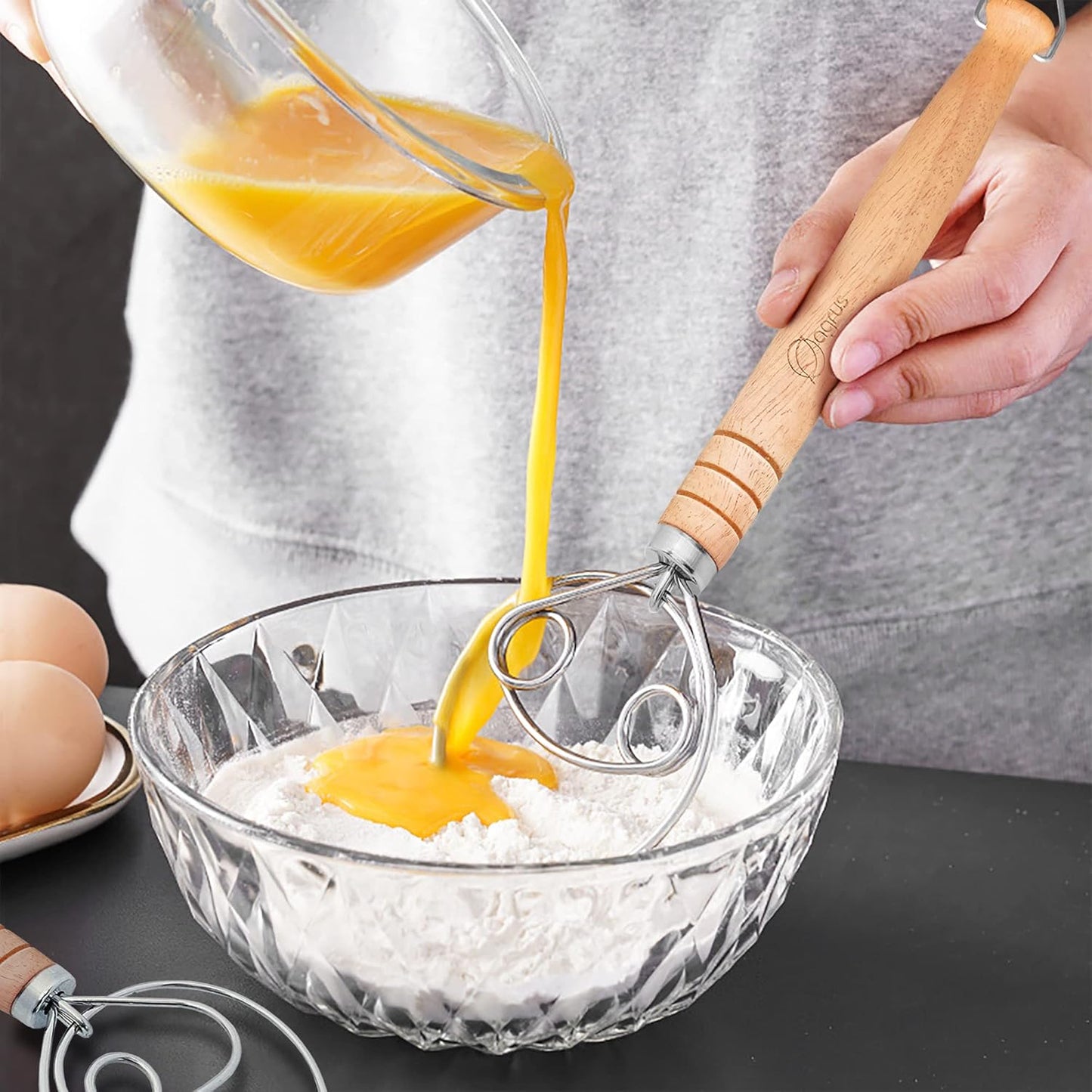 Danish Dough Whisk and Bread Lame Set for Bakers - Pastry and Bread Making Tools - Flour Whisk with Wooden Handle 13.5 inch