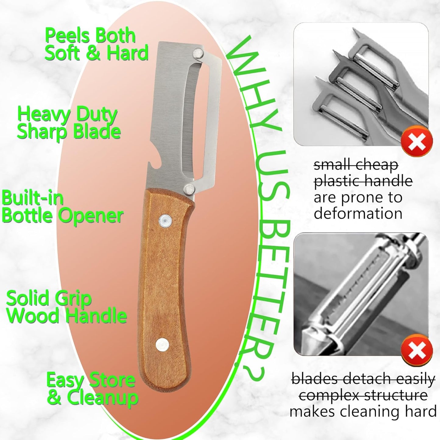 Upgrade Pro Multifunctional Vegetable Peeler - Premium Kitchen Peeler with Wooden Handle and Bottle Opener - Heavy Duty Stainless Steel Peeler Knife for Fruit Apple Potato Pumpkin Papaya Zucchini