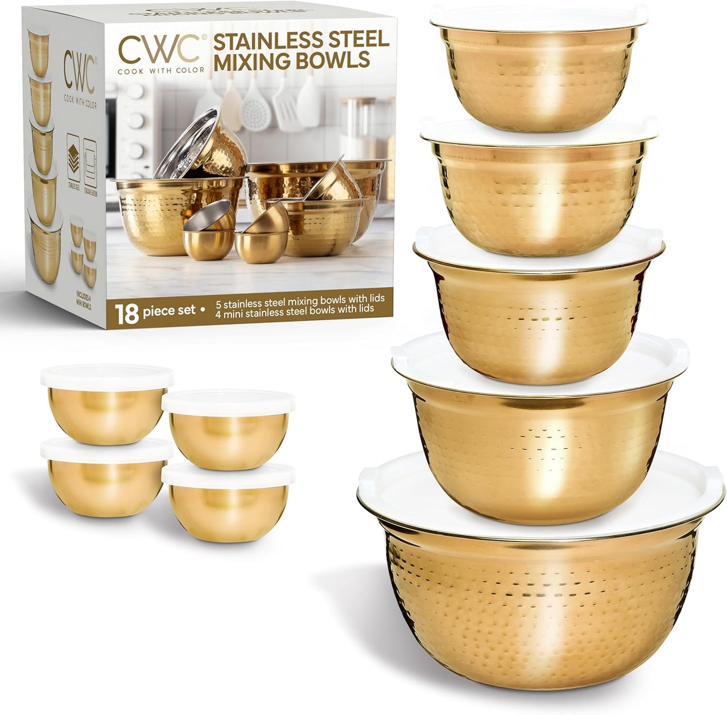 COOK WITH COLOR 18 Piece Mixing Bowls Set with Airtight Lids, Stainless Steel Bowl Organizers, Food Storage Containers, Meal Prep, Nesting Salad Bowls For Cooking, Baking, Kitchen Use, Gold