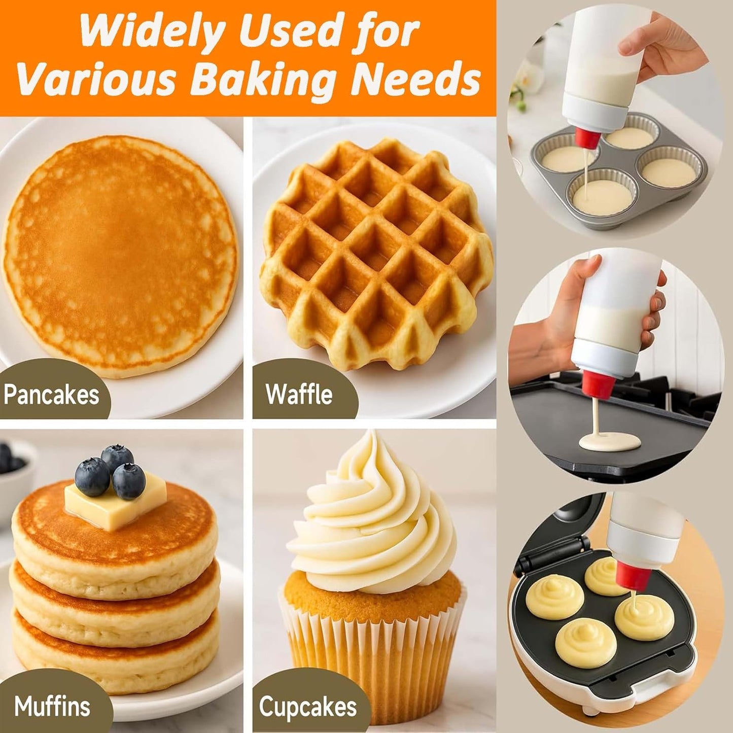 2 Pack Pancake Batter Mixer and Dispenser, Silicone Squeeze Bottle for Pancakes, Waffles, Crepes, Muffins, Qatayef, Cupcakes