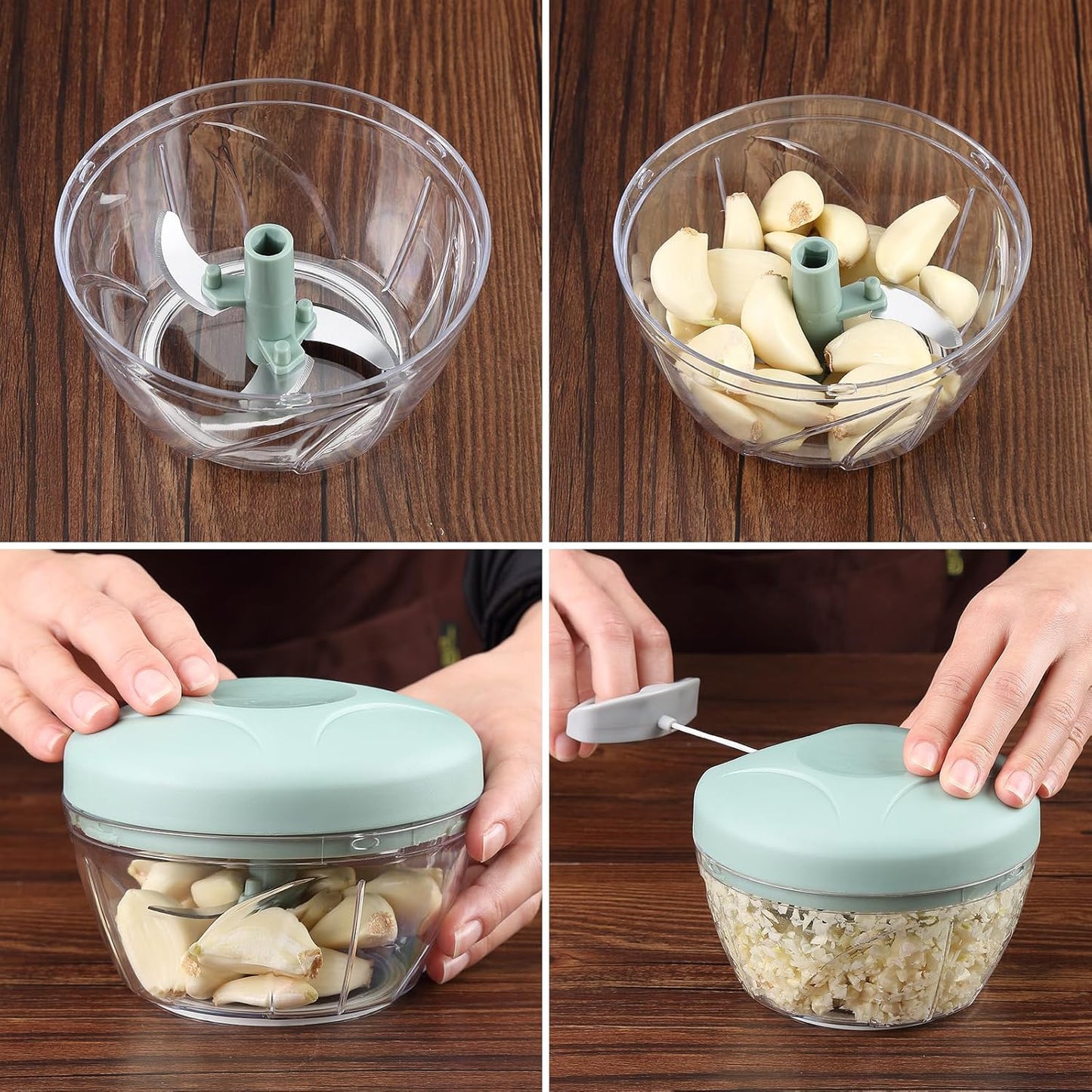 Hand Pull String Vegetable Chopper Food Processor - Garlic Mincer Onion Cutter for Ginger, Fruits, Nuts, Herbs (Green 500ml)