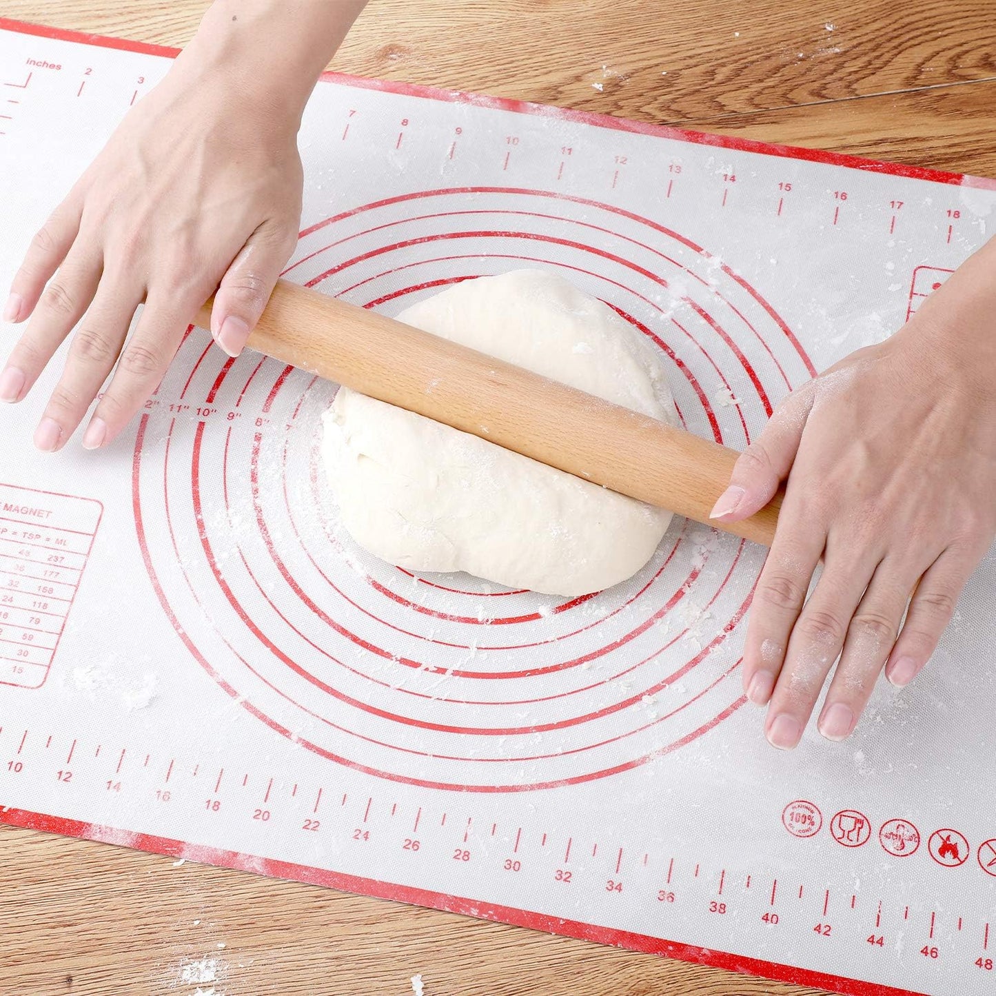 Wood French Rolling Pin for Baking, QUELLANCE Wooden Dough Roller with Silicone Baking Mat, Beech Wood Rolling Pins for Baking Dough, Pizza, Pie, Pastries, Pasta and Cookies,Blue Pastry Mat