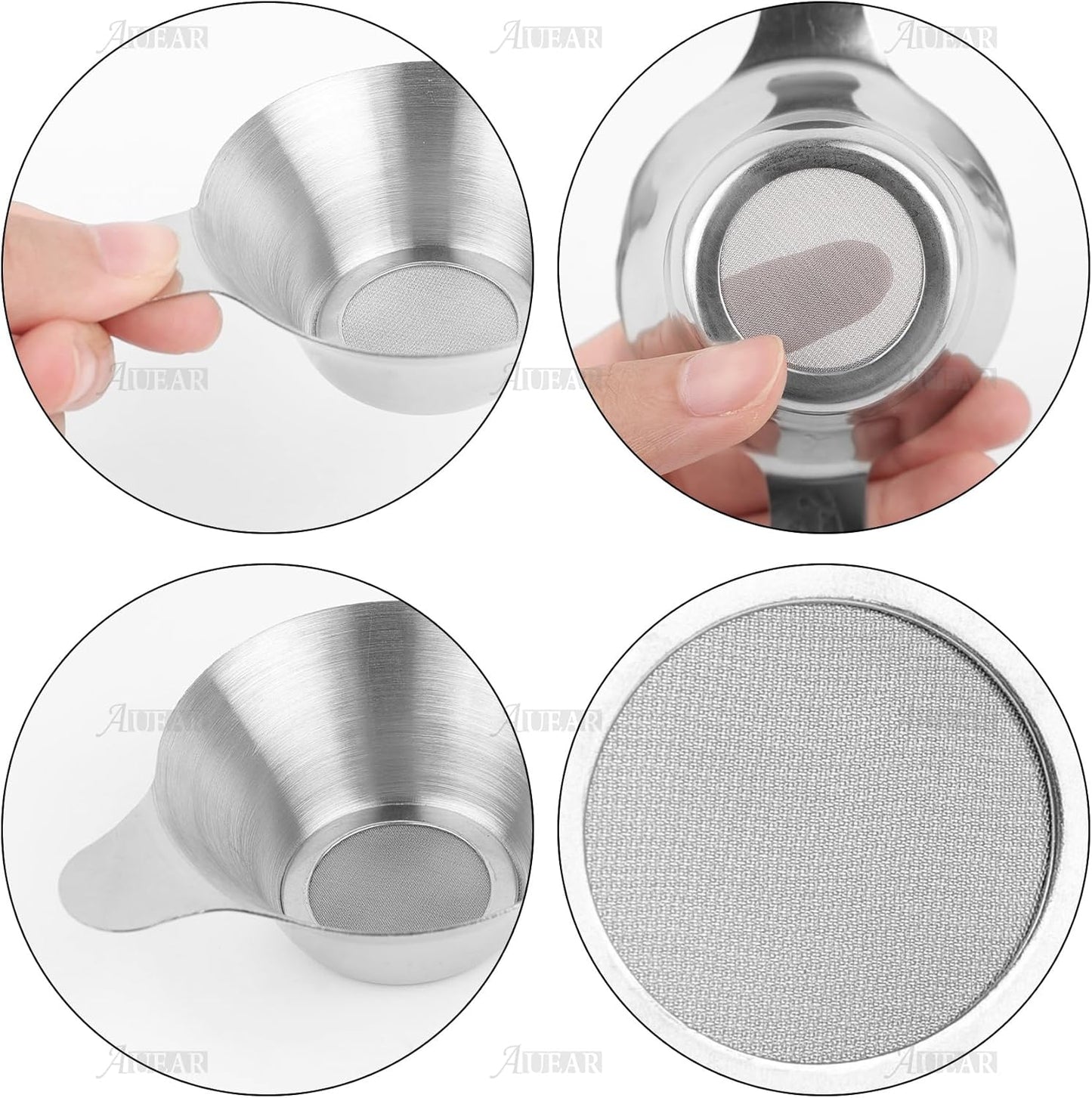 AUEAR, 2 Pack Different Size Stainless Steel Mini Strainer Fine Mesh Tea Funnel Coffee Filter with Double Handles