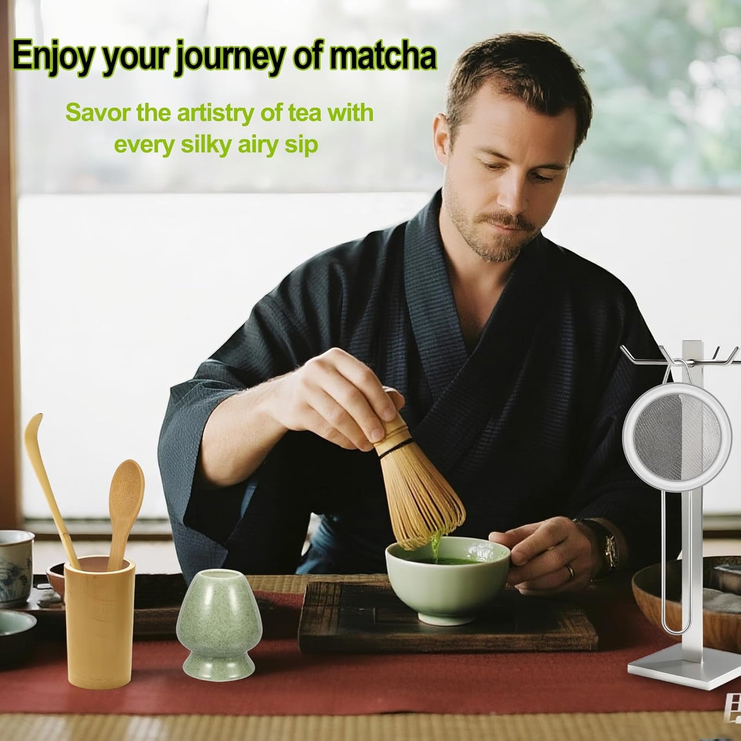 Matcha Whisk Set 5Pcs, Matcha Whisk, Ceramic Whisk Holder, Bamboo Scoop and Spoon, Powder Starter Sifter, Japanese Tea Tools For Ceremony Gift, Gift for Matcha Lovers Beginner