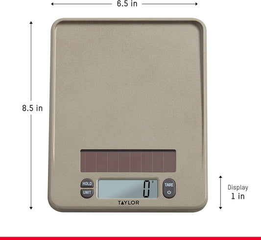 Taylor Light Powered Digital Kitchen Scale, Coffee Husk Blend Material, Solar Panel with Endless Power, No Batteries Needed, Energy-Saving, 11lb Capacity, Beige