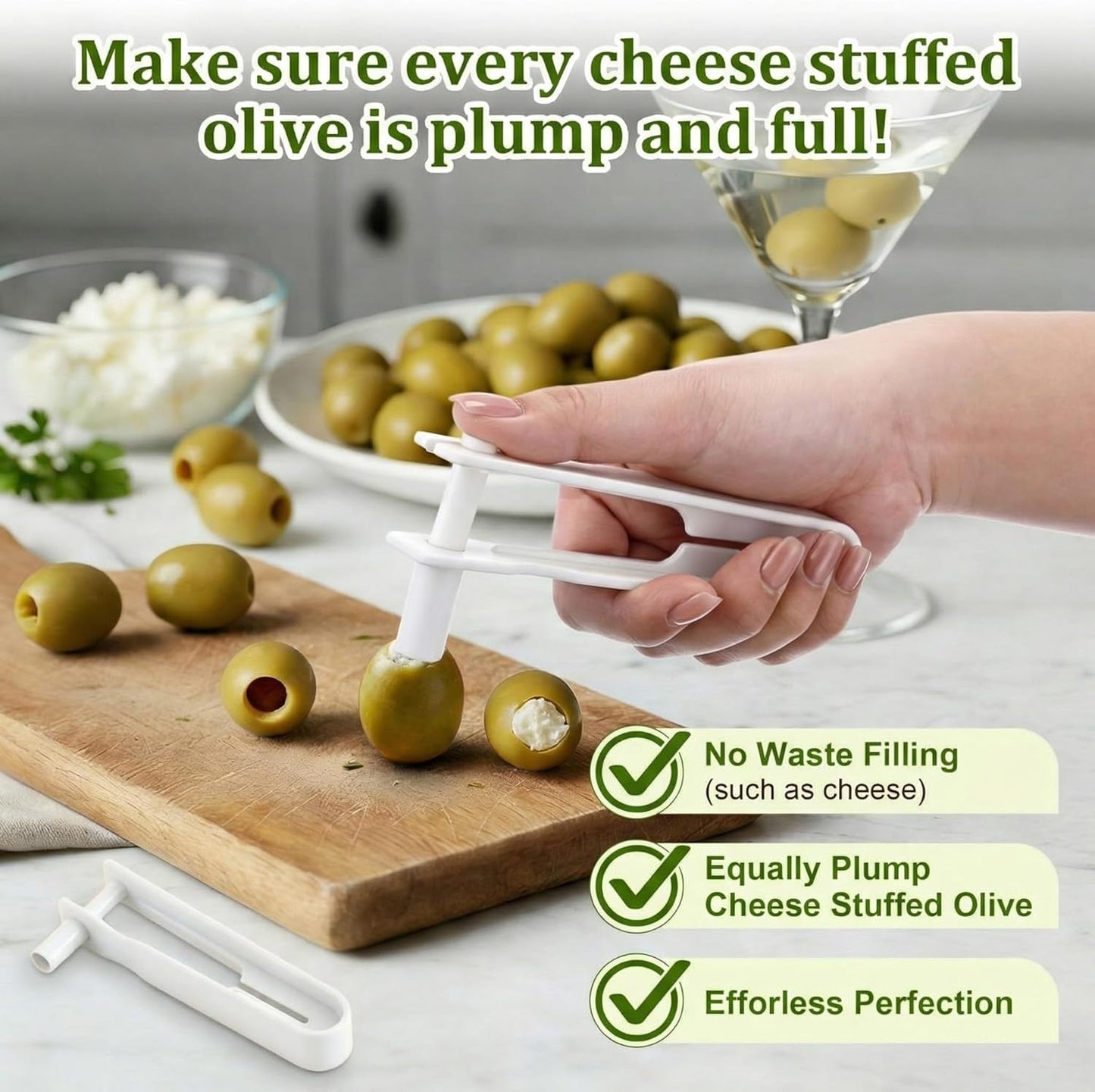 Olive Stuffer, Blue Cheese Olive Stuffer Tool, Applied to Make Accompaniment to Martinis and Cocktail, Simple to Operate, Easy to Clean, White PP (1 Pack)