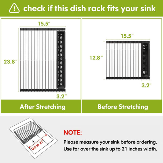 JASIWAY Roll Up Dish Drying Rack, Expandable (12.8"-23.8" D x 12.8" W) Stainless Steel Portable Drainer for Kitchen Sink Counter, Foldable Over The Sink Cover with Removable Utensil Holder