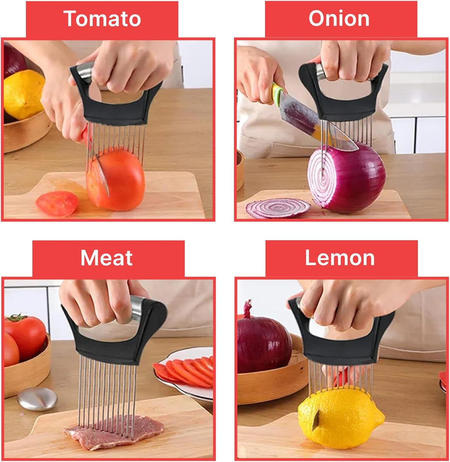 Onion Holder For Slicing, Stainless Steel Onion Cutter, Vegtable And Fruit Slicer, Onion Slicing Tool Of Potato, Egg, Avocado, Meat, Lemon And Other Kitchen Utensils