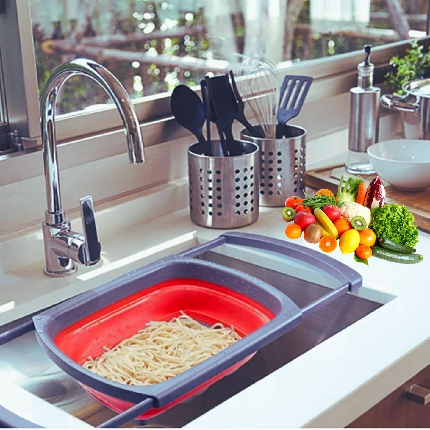 Collapsible Silicone Colander – Space-Saving Foldable Strainer for Pasta, Vegetables & Fruits – Large 6 Qt Kitchen Strainer, Heat-Resistant, BPA-Free & Dishwasher Safe |RED