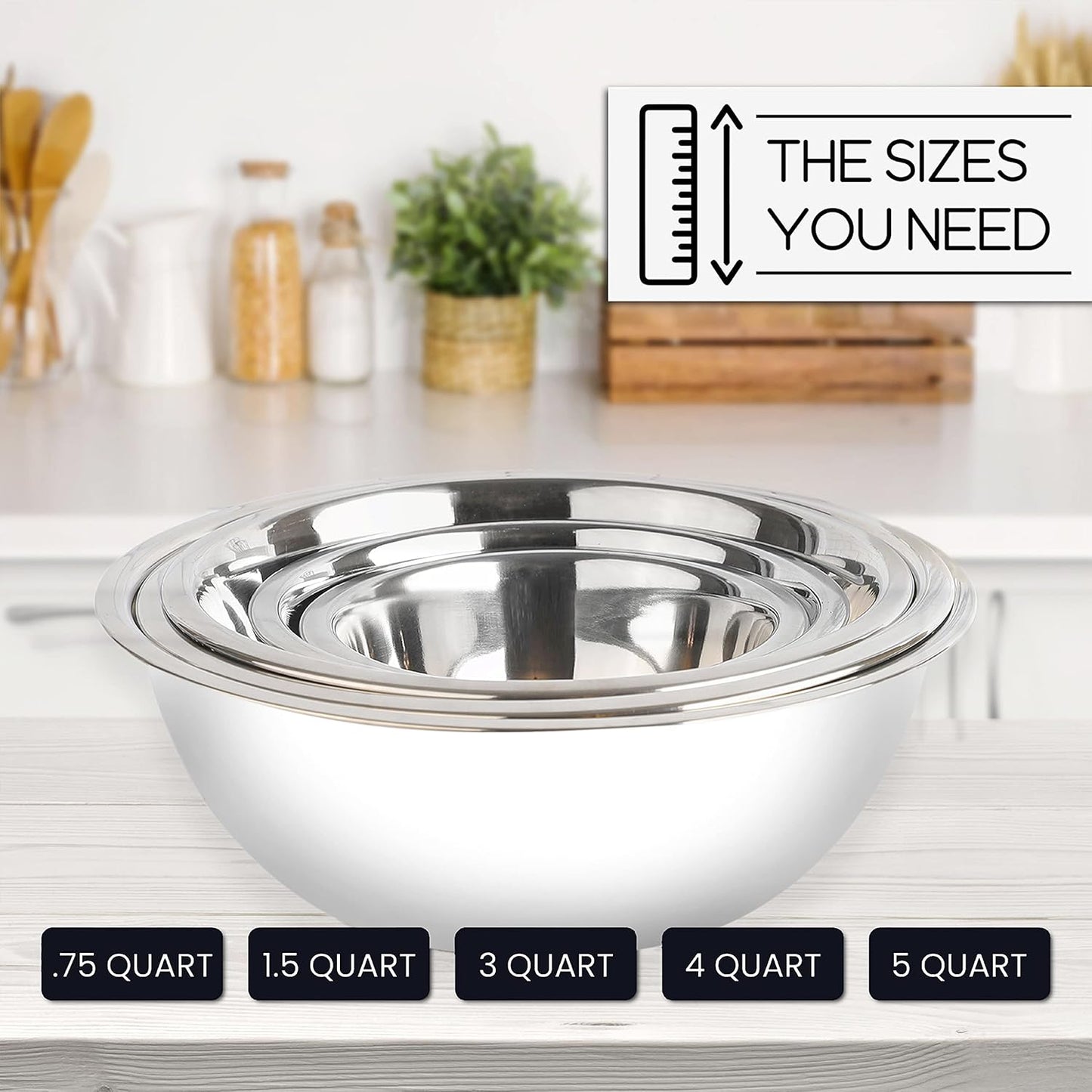 WHYSKO Meal Prep Stainless Steel Mixing Bowl (5-Piece Set) Home, Refrigerator, and Kitchen Food Storage Organizers | Ecofriendly, Heavy Duty, No Lids