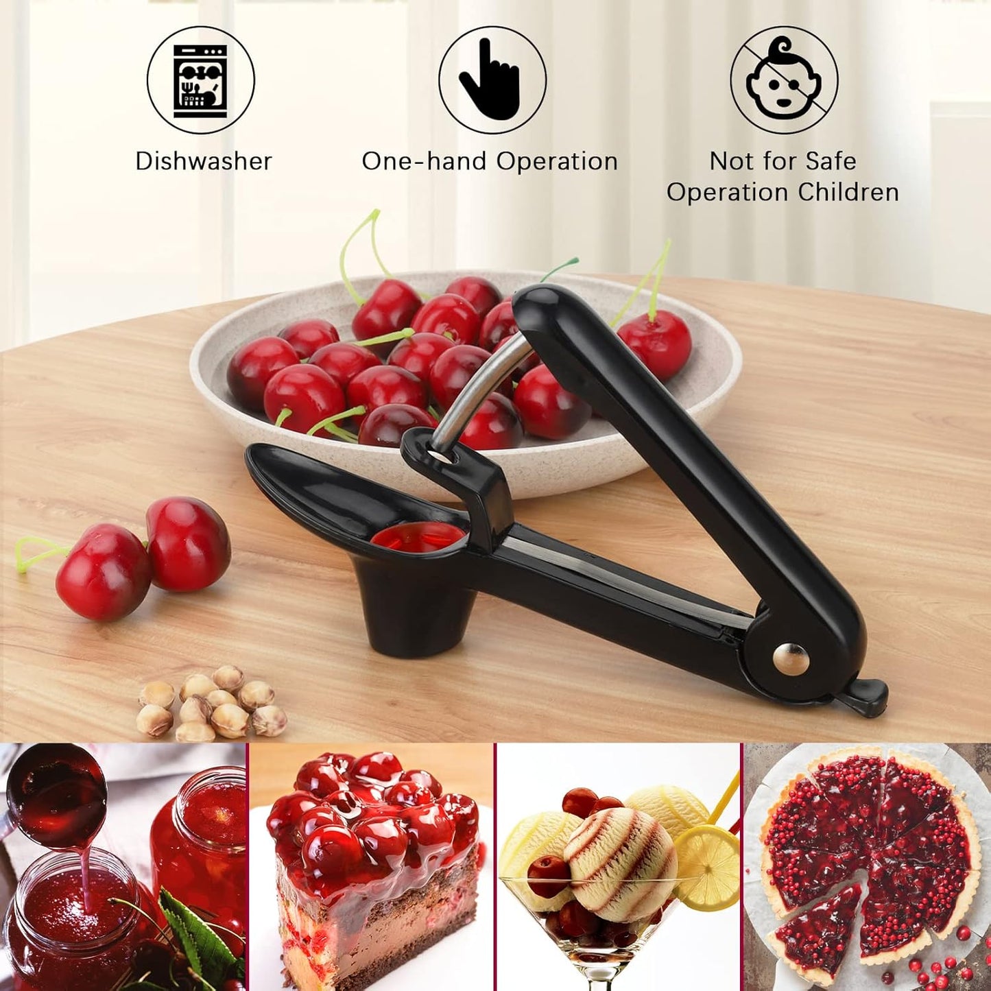 Cherry Pitter, Heavy-Duty Olive and Cherry Pitters Corer Tool with Space-Saving Lock Design, Multi-Function Cherries Stoner Seed Remover Tool for Making Cherry Jam (Black)