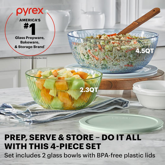 Pyrex Colors Tinted (3-Pack, Full Set) Sculpted Tinted Glass Mixing Bowls With Plastic Lids, Nesting Space Saving Set of Bowls For Prepping and Baking, 1.3QT, 2.3QT & 4.5QT