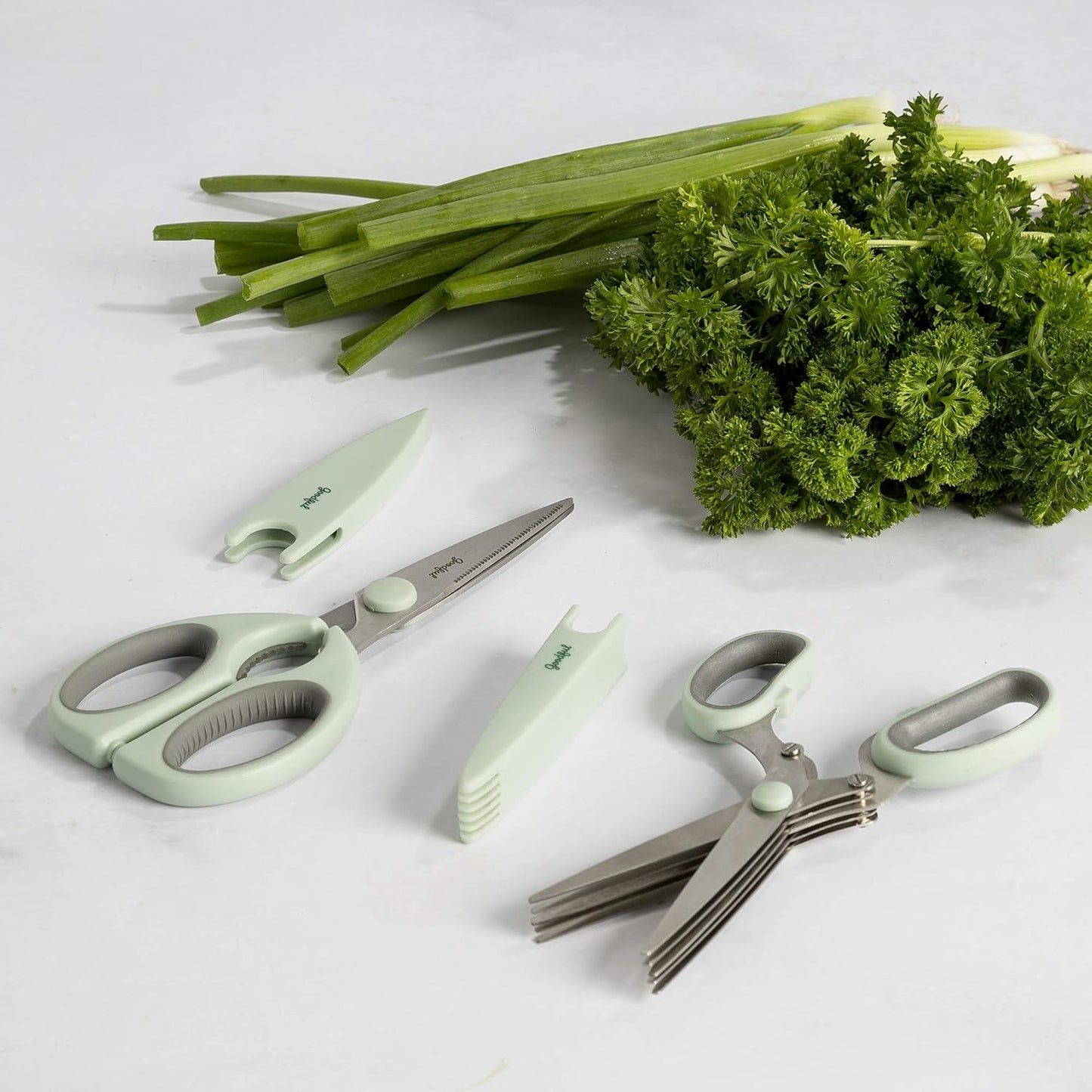 Goodful Utility Kitchen Shear and 5-Blade Herb Shear Set, Premium Stainless Steel Blades with Protective Guards, Comfort Grip Handles, Built-in Herb Shear Cleaning Comb, 2-Piece Set, Sage Green